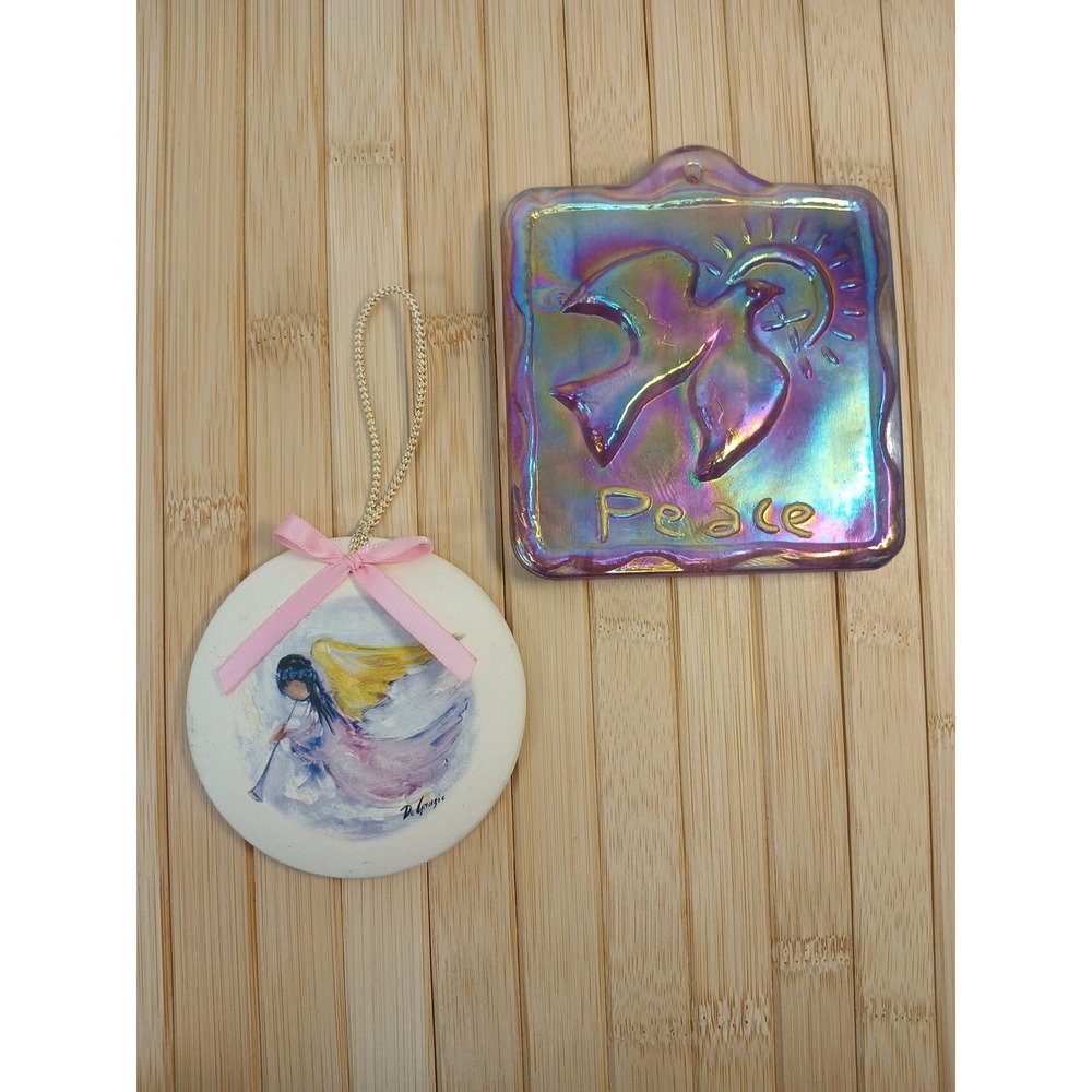 Vintage DeGrazia Angel Ornament & Iridescent Glass Peace Dove Ornament Set